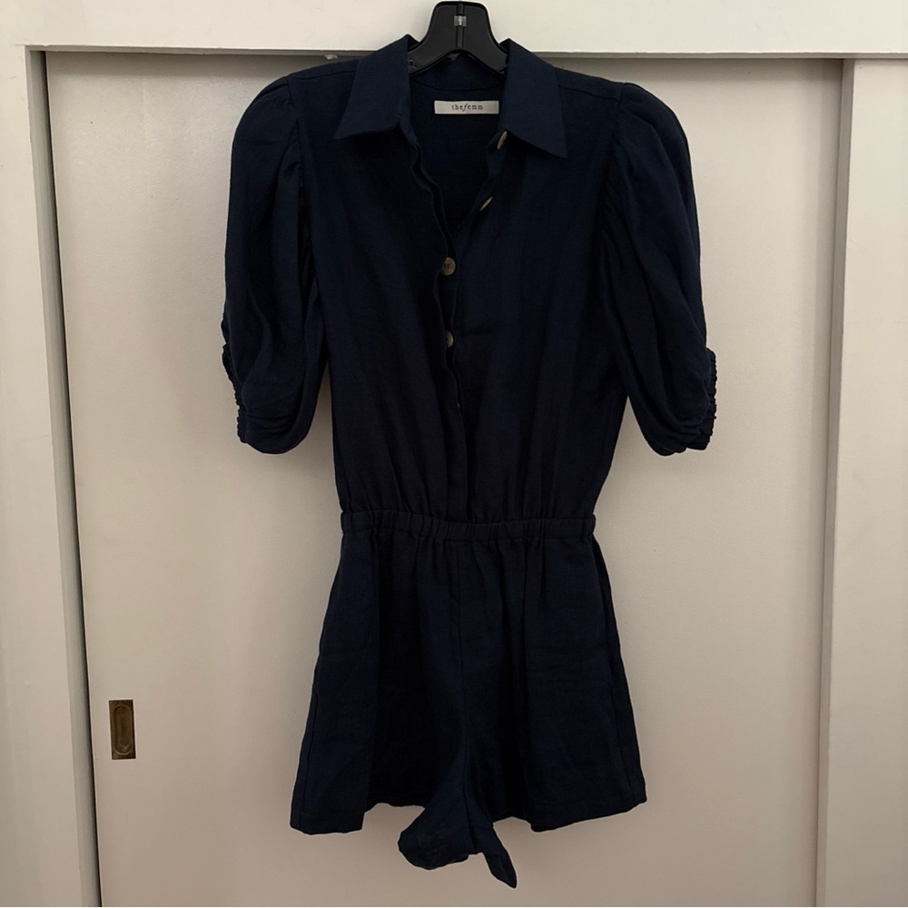 The Femm Womens Romper Small Navy Linen Puff-Sleeves